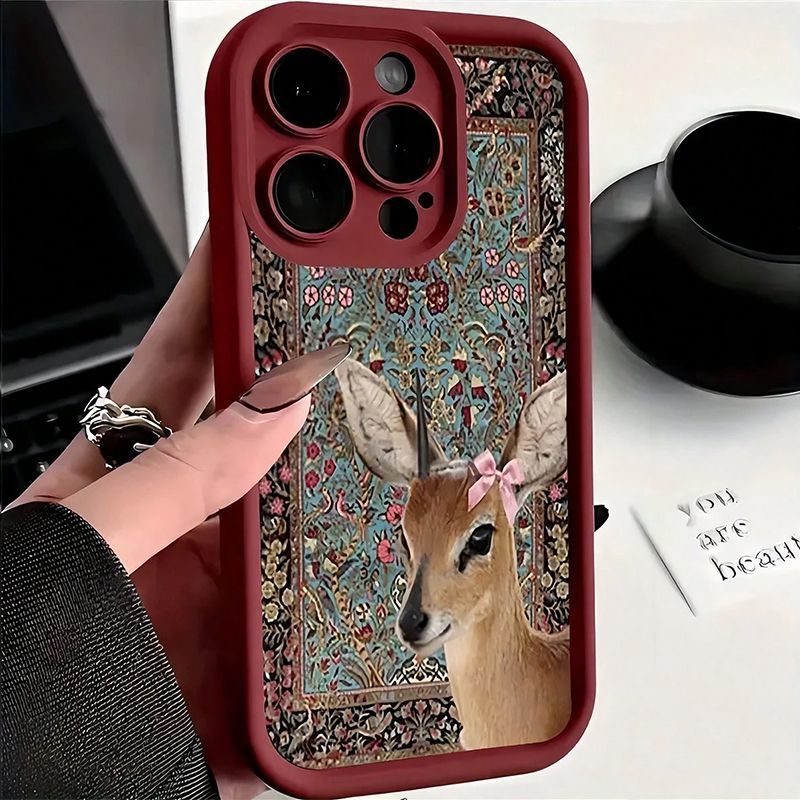 Phone Cases Red Deer - Şarap Kırmızısı Goblen Geyik Desenli iPhone
