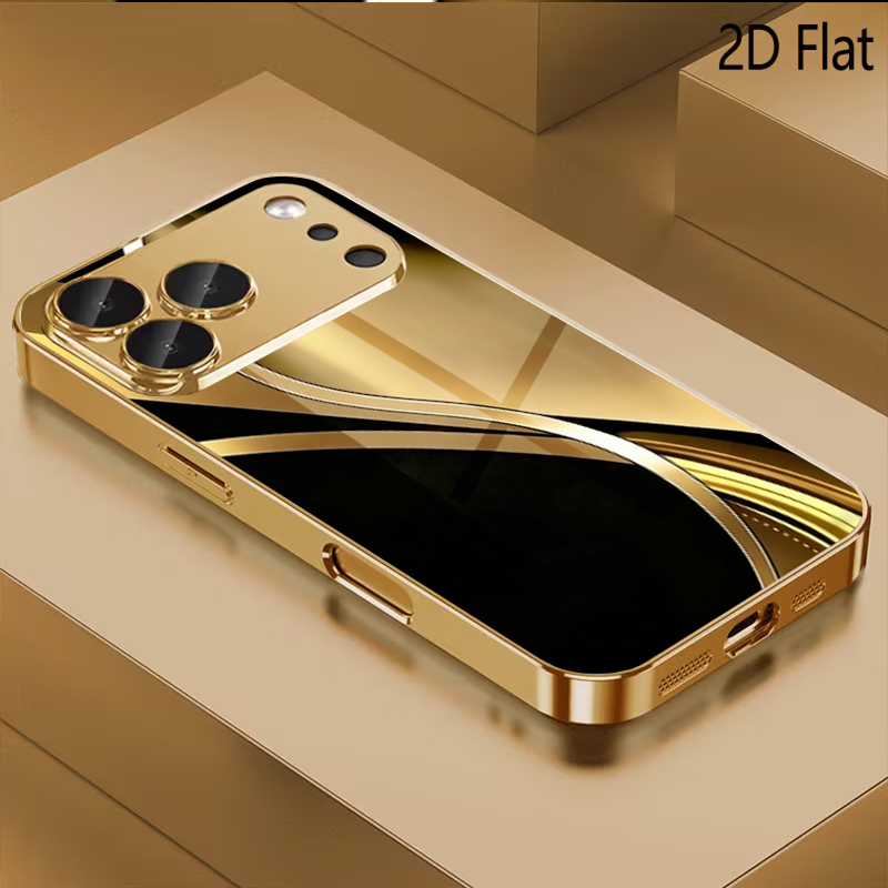 Phone Cases With Camera Cover - Siyah altın baskılı desenli temperli cam