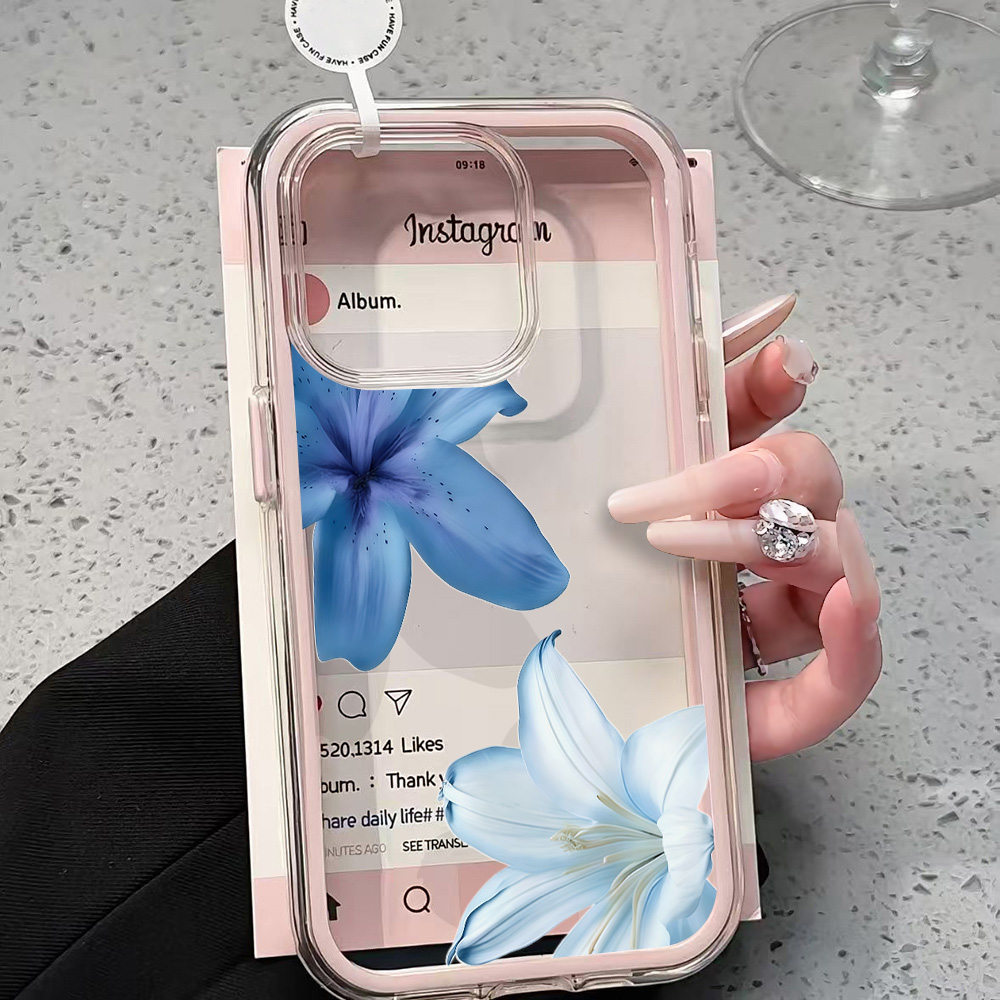 Phone Cases Blue - Mavi Zambak Çiçekli Şeffaf Telefon Kılıfı