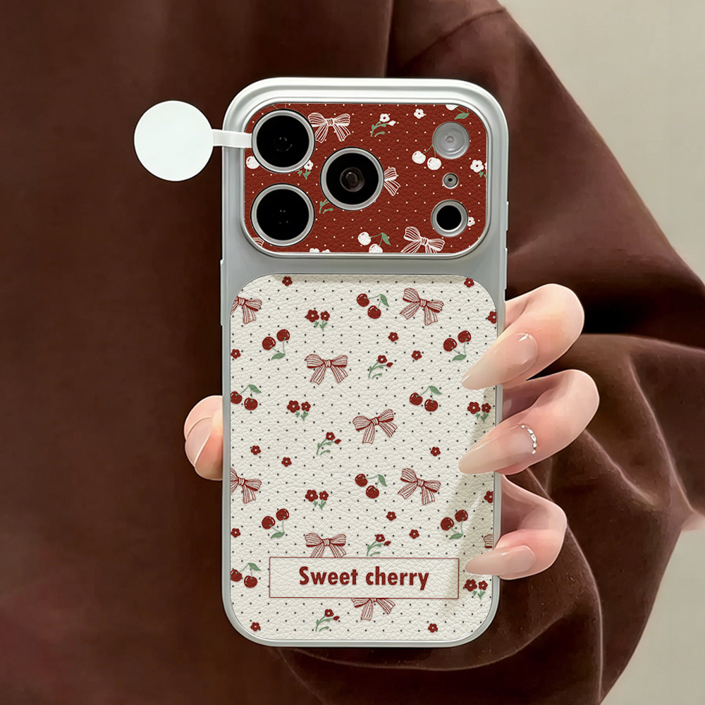 Phone Cases With Camera Cover - Tatlı Kiraz Fiyonklu Deri Telefon Kılıfı
