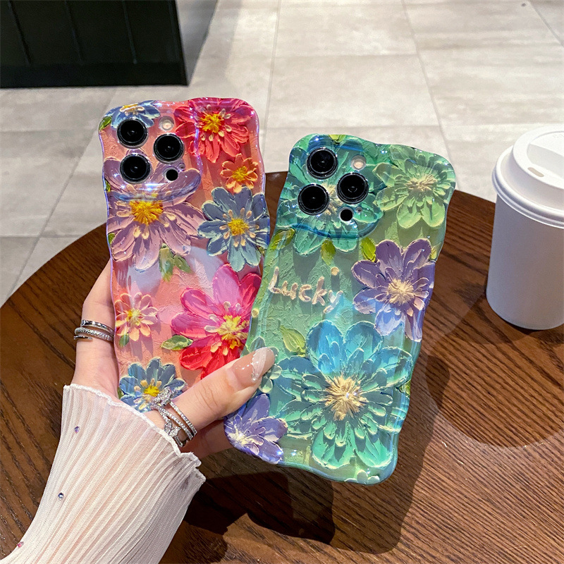 Phone Cases Blue - Retro Mavi Işıklı Yağlı Boya Çiçek